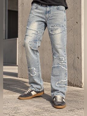 💙 KDNK Men’s Distressed Straight Leg Jeans 36 Light Wash Stretch Streetwear 💙